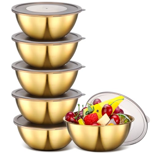 Nuogo 6 Pack 6.69 Inches Gold Stainless Steel Mixing Bowls with Airtight Lids Stackable Metal Serving Esthetician Facial Bowls for Salad, Fruit, Soup & Kitchen Prep