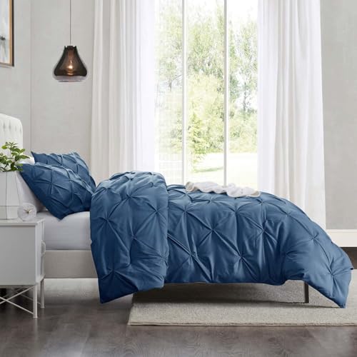 Image of Nestl Twin Duvet Cover Set Navy Blue - Soft Double Brushed Duvet Set with Button Closure & Corner Ties, 2 Piece Luxurious Pinch Pleated Duvet Cover Set 68x90 Inches with 1 Pillow Sham