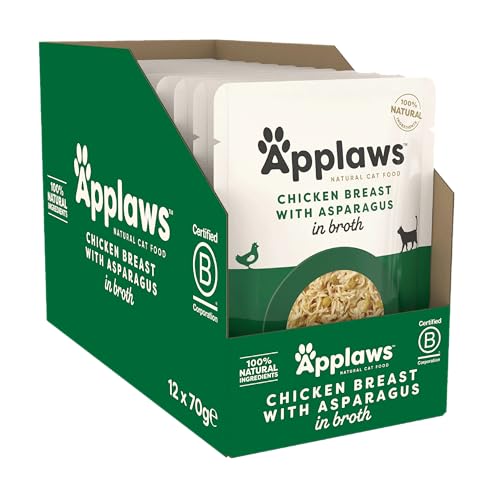 Applaws Premium Natural Katzenfutter Nass, Huhn mit Spargel in Brühe 70 g Portionsbeutel (12x70g)