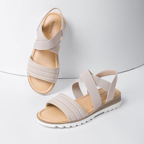 Image of Saidoteto Women's Flat Sandals,Comfortable Elastic Ankle Strap Slingback Slip-On Open Toe Low Wedge Walking Sandals for Summer & Casual