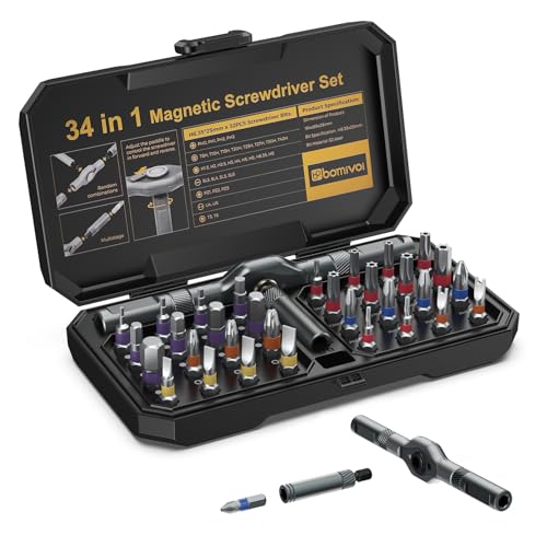 AMIR Ratchet Screwdriver Set, Upgraded 34 in 1 Magnetic Screwdriver Set, Switchable Screw driver Kit with 32 PCS Magnetic Bits, DIY T Handle Ratchet Repair Tool for Furniture Computer