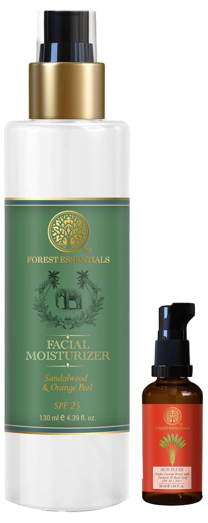Forest Essentials Hydrating Facial Moisturiser Sandalwood & Orange Peel with SPF 25 | 130 ml & SUN FLUID Tender Coconut Water with Turmeric & Basil Leaf SPF 50 | PA + +| 50 ml Combo