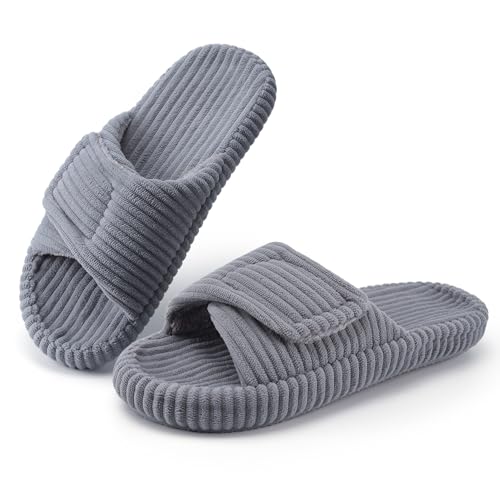 Womens Open Toe Slippers with Arch Support,Corduroy Indoor House Slippers Adjustable Comfort Bedroom Shoes Size 5-12