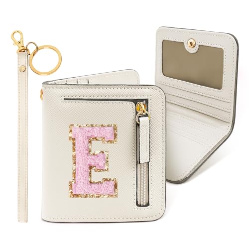 Image of COSHAYSOO Initial Wallet RFID Small Bifold Slim Letter Wallet for Women Teenager Girls Travel Daily Necessities Credit Cards Money Cash Coin Organizer, Off White, Compact, E