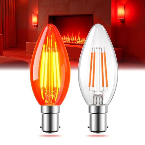 Bonlux Red Light Bulbs, 4W LED B15 Candle Light Bulbs, Small Bayonet Cap Red LED Bulb, 40W Equivalent, Clear Glass Fireglow Bulb for Electric Fire, Sleep, Christmas, Halloween - 2 Pack