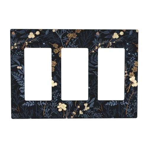 Decorative Outlet Covers Rustic Navy Dark Blue Leaves Golden Floral 3 Gang Outlet Cover Wall Plate Triple Rocker Light Switch Cover Plate Switch Plate Covers for Bedroom Home Decor