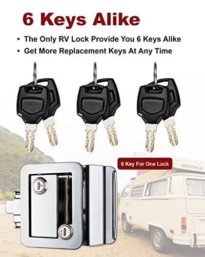 Image of Lock, RV Camper Door - Universal Security Deadbolt Lock with Handle, Chrome, Pack of 1 + 6 Keys Alike