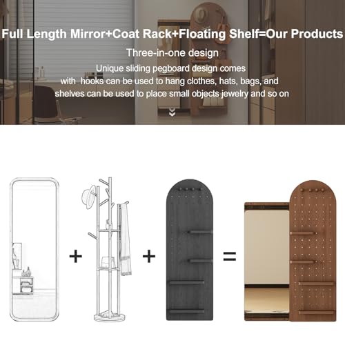 Image of KungFuWood Full Length Mirror with Shelf and Hooks,Entry Way Mirrors for Wall,Wall Mirror with Shelf,Wall Mirror with Storage Multifunctional Design Panel,Living Room (Deep Walnut, 52.4 inch L x 19 inch W)