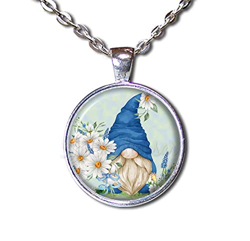 Beautiful Gnome with Daisy Flowers Handmade ROUND Glass Pendant Necklace Jewelry (24 Bright Silver)