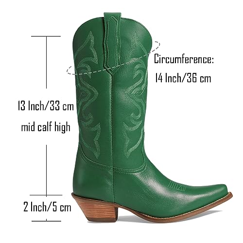 Image of LEHOOR Cowboy Boots Women Embroidered Mid Calf Western Boot Low Chunky Heel | Pointed Toe Pull On Knee High Cowgirl Boots Stacked Heel V Cut Suede Snip Toe Fall Winter Boot Dressy Retro Chic 4-11 M US