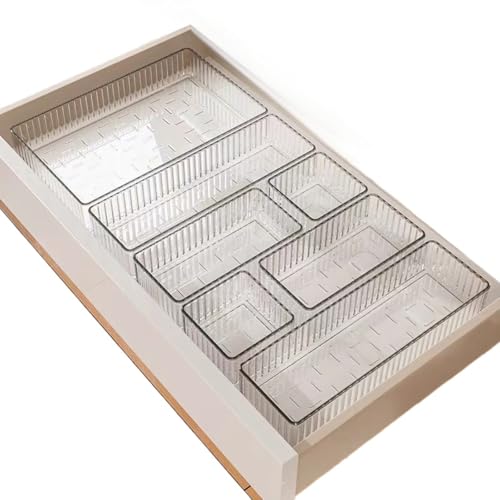 KuBen ポリプロピレン アクセサリートレイ コスメ・文房具・卓上収納 机の引き出し 仕切り収納ボックス 引き出し整理トレー 高級透明引き出し仕切り トレー セット (透明色,7個セット)