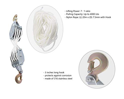 Sob Block And Tackle Pulley System For Lifting Heavy Objects, 65 Feet Of 3/8" Rope And 7:1 Lifting Power, 4000Lb Capacity Heavy Duty Rope Hoist Pulley System For Garage Warehouse Building Automotive #TOP7