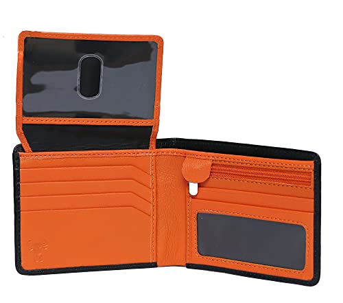 100% Real Soft Leather Wallet for men, Slim Compact Design, RFID Blocking,11 Card Pockets, 2 ID Pockets, 1 Zip/Coin pocket, 2 Banknote Pockets - Black/Orange