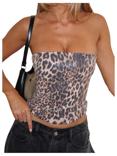 MakeMeChic Women's Leopard Print Strapless Tube Sequin Going Out Tank Crop Tops Clubwear