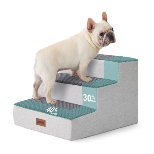 Image of ZOMISIA Dog Steps for Couch - Extra Wide Pet Stairs for Small Dogs and Cats, Dog Steps with Non-Slip Bottom Grey 3 Steps, Grey