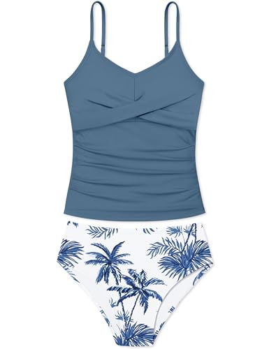 Image of Girls Swimsuit 2 Piece Bathing Suit Criss Cross Ruched Girl Tankini Sets Printed Girls' Swimwear for 9-18 Years