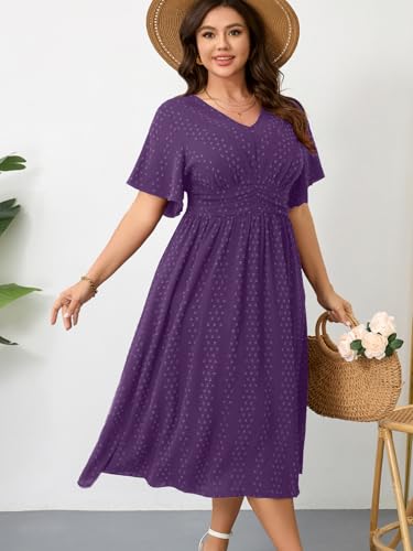 Image of RWJ Women's Plus Size Maxi Dress V Neck Short Sleeve Swiss Dot A Line High Waist Boho Swing Casual Summer Dresses