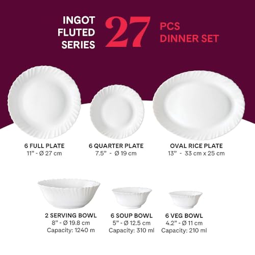 Image of Larah by Borosil Ingot Fluted Series Opalware Dinner Set | 27 Pieces for Family of 6 | Microwave & Dishwasher Safe | Bone-Ash Free | Crockery Set for Dining & Gifting | Plates & Bowls | White