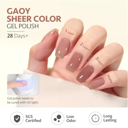 GAOY Jelly Pink Nude Gel Nail Polish Set, 6 Transparent Colors Sheer Red Brown Soak Off UV Light Cure Gel Polish Kit for Salon and Nail Art DIY at Home