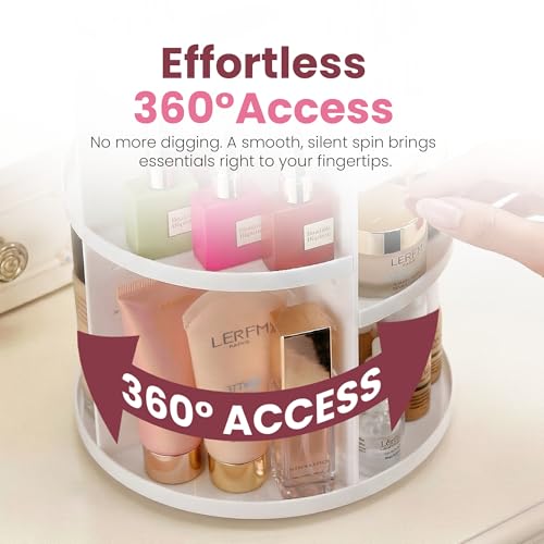 Image of Masirs 360 Rotating Makeup Organizer for Vanity, Adjustable Shelf Height, Large Capacity Cosmetic and Skincare Storage, Lazy Susan Perfume Organizer for Dresser, Bathroom Countertop, White