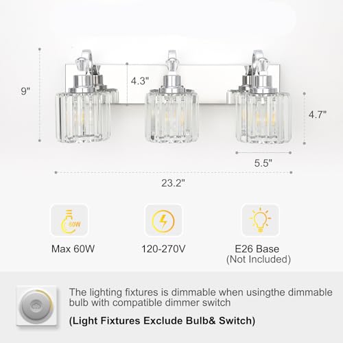 Image of GAOMON LED Modern Crystal Bathroom Vanity Lights Over Mirror, Chrome Bathroom Light Fixtures Wall Light (3-Light)