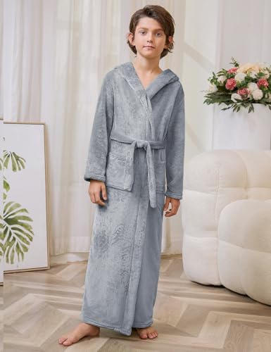 Image of Jxstar Girls Bathrobes Kids Long Hooded Robes Plush Full Length Coral Fleece Pajamas Sleepwear