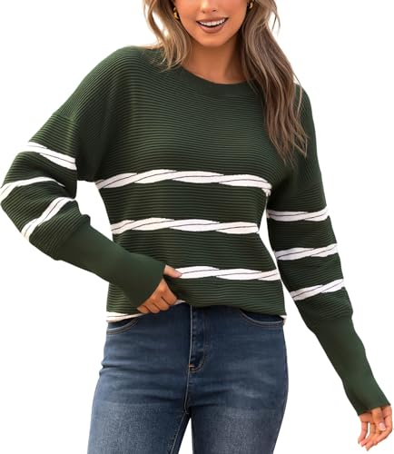 ECOWISH Women's Long Sleeve Crewneck Striped Sweater - Fall 2025 Trendy Casual Knitwear for Office & Daily Wear