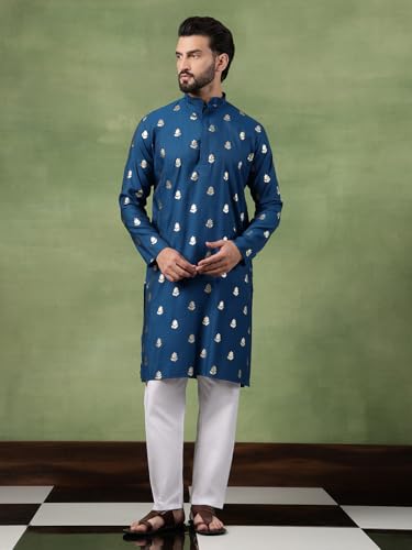 Image of SOJANYA (Since 1958 Men's Cotton Long Kurta with Golden Floral Motif Print