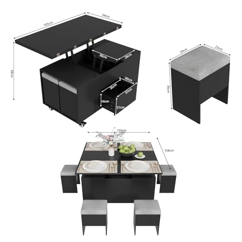 Table basse relevable multifonctionnelle noire avec 4 tabourets vowner - 3