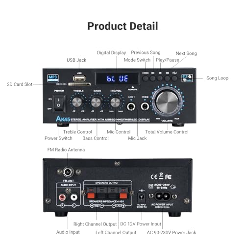 image for NEOHIPO Stereo Receiver & Amplifier Home Audio Amp, AK45 Bluetooth Rec