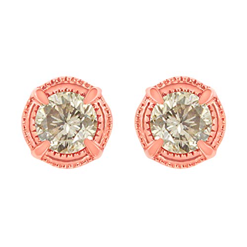 14K Rose Gold Plated .925 Sterling Silver 1.0 Cttw Round Brilliant Cut Diamond Solitaire Milgrain Stud Earrings (K-L Color, I2-I3 Clarity)