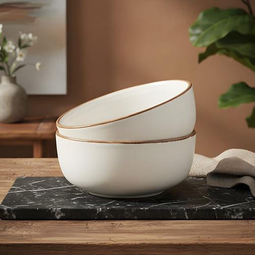 Image of miah decor Ceramic Serving Bowl | Speckled Ivory Rustic Stoneware Style Bowl for Rice, Curry, Gravy & Salad | Deep Multipurpose Serving Dish for Parties & Family Meals (STYEL 4)