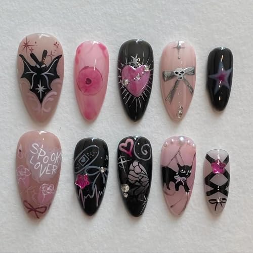 Nymora Uñas Artificiales de Halloween, 24 Piezas: Gata Negra Dulce y Murciélago, Diseño Gótico Y2K con Brillo - Uñas Press On Góticas de Halloween