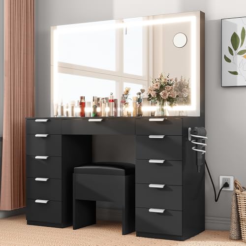 YITAHOME Dressing Table with LED Lights,Glass Top Bedroom Vanity Table with Large Mirror and Stool,Vanity Desk with 11 Drawers,Black