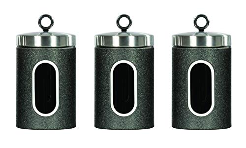 Daewoo Glace Noir Set of Three Stainless Steel Containers, Ideal for Tea, Coffee and Sugar, Easy Handle Lids to Keep Contents Fresh, Clear Window to See Inside, Black, One Size KAS1735