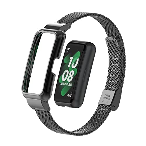 T-BLUER Compatible for Huawei Band 8 Strap,Stainless Steel Metal Replacement Band Bracelet Wristband Accessories with Metal Frame for Huawei Band 7/8/9 Black