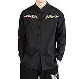 Men's Vintage Top Casual Loose Printing Shirts Cotton Linen Long Sleeve Blouse Black