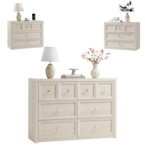 NOWABAY 3 Piece Bedroom Set - Includes 6 Drawer Dresser and 3 Drawer King Size Nightstands Set of 2 with Charging Station 3 Piece Farmhouse Dresser and Nightstand Sets Grey White