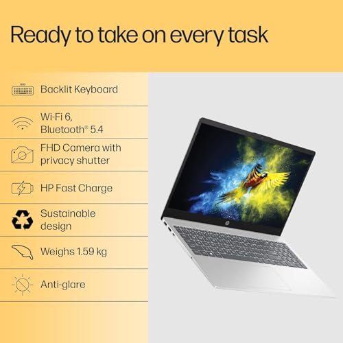 Image of HP 15, AMD Ryzen 7 5825U, 16GB DDR4, 512GB SSD, 15.6-inch(39.6cm) Anti-Glare, FHD, Radeon Graphics, Backlit KB, 1080p HD cam (Win11, M365 Basic(1yr)*,Office Home24, Silver, 1.69kg) fc0533AU