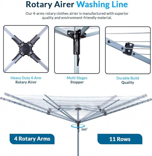 BLADO Rotary Washing Line - 4 Arm Outdoor Folding Rotating Clothes Dryer Heavy Duty Comes with Cover & Metal Ground Spike (50 M) - Image 4