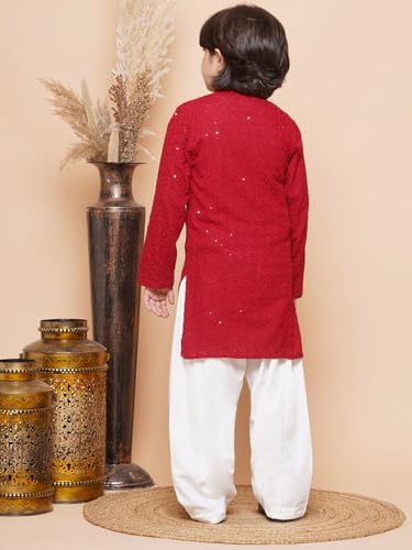 Image of AJ DEZINES Kids Cotton Full Sleeve Sequined Chikankari Red Kurta Pajama Set for Boys - Ethnic wear | Special Occasion & Party Outfit | Mandarin Collar Kurta for boys - Regular Fit
