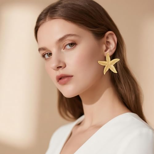 6 Pairs Gold Statement Earrings Seashell Starfish Conch Stud Ginkgo Sectored Flower Leaf Drop Earring Vintage Boho Ocean Jewelry Beach Summer Earrings for Women4