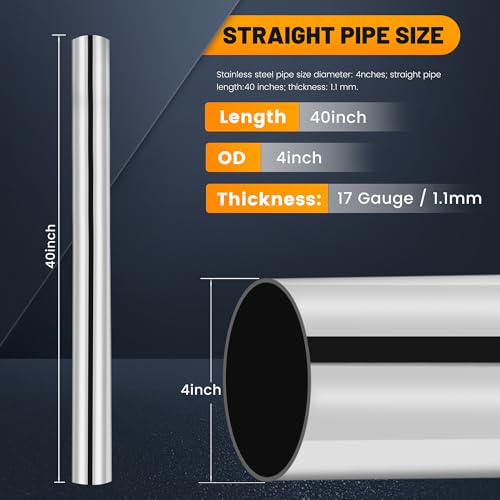 Image of 4 Inch Stainless Steel Exhaust Pipe 40 Inch Long, 4 inch OD x 40 inch Length T304 Straight Exhaust Tubing DIY Extension Pipe, Automotive Universal Fit, 2 Pack