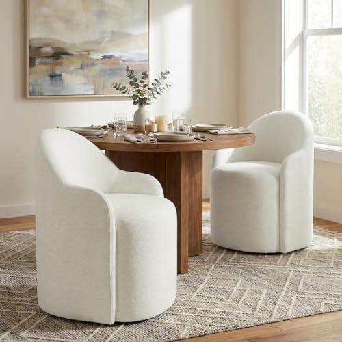 Image of KISLOT Upholstered Dining Chairs with Casters, No Assembly Modern Dining Room Chairs Accent Vanity Chair with 5 Wheels & Round Backrest for Bedroom, Living Room, Dressing, Linen Fabric, Set of 2