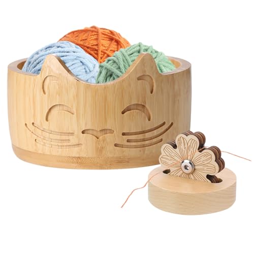 Lvjkes Bol à laine, 17 x 10 cm Bol Fil en Bois doreille de chat, Coupe-fil, Travail fait à la main, Pour ranger la laine, accessoires de crochet