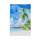 Maldivas - Bungalows sobre el agua, playa, isla tropical, paisaje, pinturas en lienzo, póster para sala de estar, dormitorio, baño, oficina, decoración del hogar, 50 x 75 cm