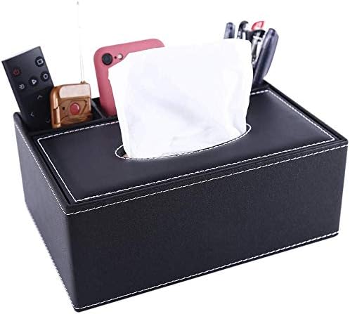 KISSTAKER Multifunction PU Leather Pen Pencil Remote Control Tissue Box Cover Holder Desk Storage Box Container for Home and Office Use (Black)