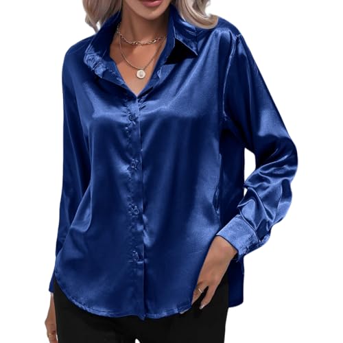 Camisas de seda satinada con botones para mujer, blusa de manga larga con cuello, camisas suaves y elegantes, casuales, para negocios, oficina, trabajo, túnica elegante, azul marino, S