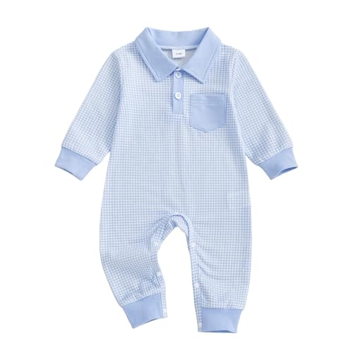 GGBNOMER Newborn Baby Boy Winter Clothes Long Sleeve Lapel Jumpsuit Collar Plaid Romper Playsuit Infant Baby Boy Fall Outfit (Blue, 3-6 Months)