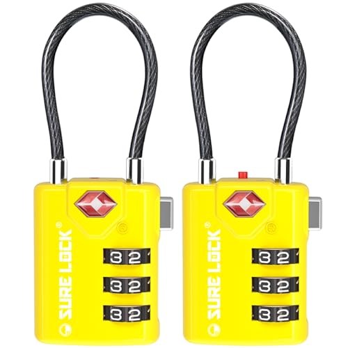 SURE LOCK TSA Approved Combination Luggage Locks with Open Alert Indicator – Durable Zinc Alloy Cable Travel Locks with Large Easy-Read Dials for Suitcases, Backpacks & Gym Bags(2, Yellow)